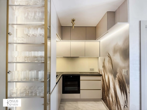 kaszmirowe meble kuchenne z witryna i podświetleniem led