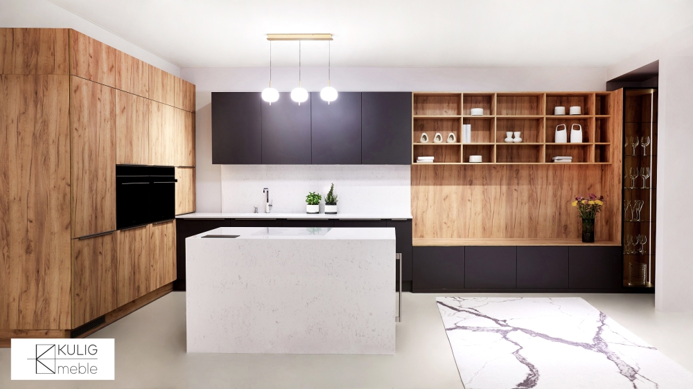 Meble kuchenne z wyspą w kolorze antracytu i drewna K04